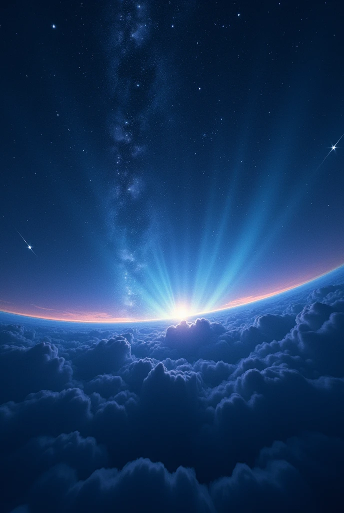 "A vast night sky filled with countless stars, some of them shining brightly with a soft, ethereal glow. Shooting stars streak across the sky, leaving behind trails of shimmering light. In the distance, a faint rainbow arc spans the horizon, blending into the deep blue of space, with hints of nebulae and galaxies in the background 8k Ultra HD、Ultra-precision