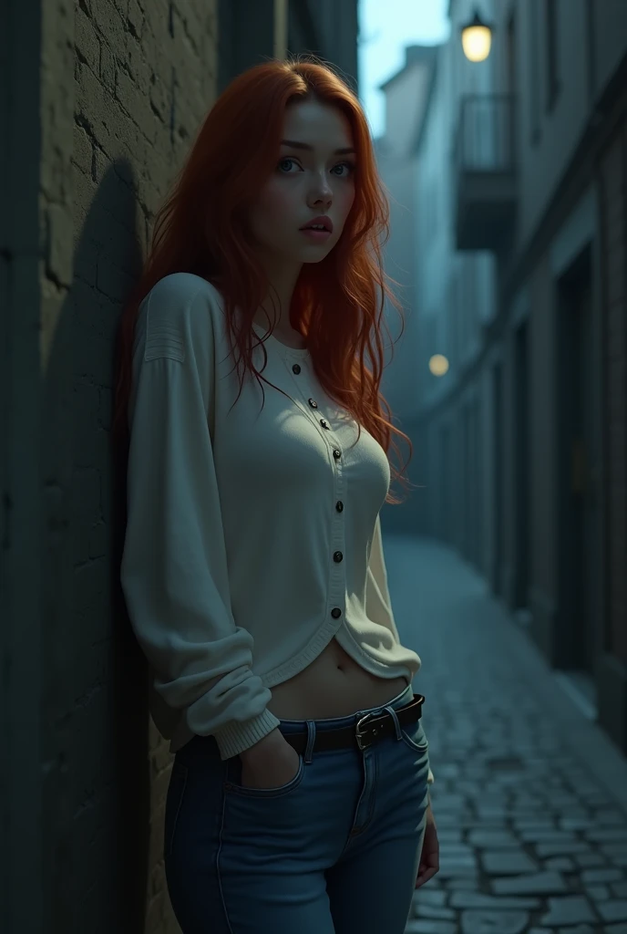 (((HD photo))), ultra high res.photorealistic:. 1.4, UHD, masterpiece, trending on art station, full body shot, 1girl, pretty, cute face, ((detailed face, detailed eyes, beautiful in the world, soft, delicate, (long red hair), large sagging breasts, slim waist, (wearing buttoned sweater, blue jeans:1.2), hires textures, intricate details), sunkissed, alley at night, dark alley, midnight, alone, scared, white loose sweater, buttoned sweater,(( very dark )), pused on the wall, shocked