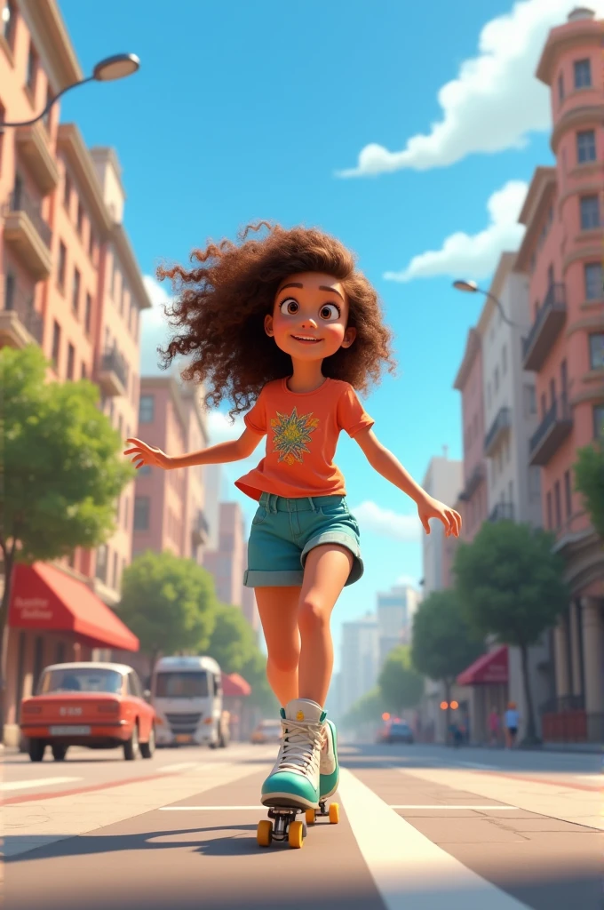 Video of a nwgra animated girl with curly hair skating on the street 