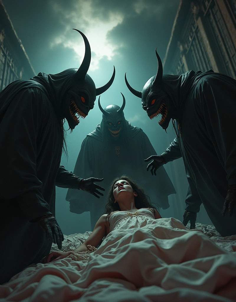 Land of Rakshasa、Japan、Thugs wearing demon masks attack the girl inside the mansion、On the futon、Kimono-like bedding、(A thin, pale-skinned young woman), The merciless demons、Hell on Earth、Dark Clouds、A cruel world where people are no longer people,
