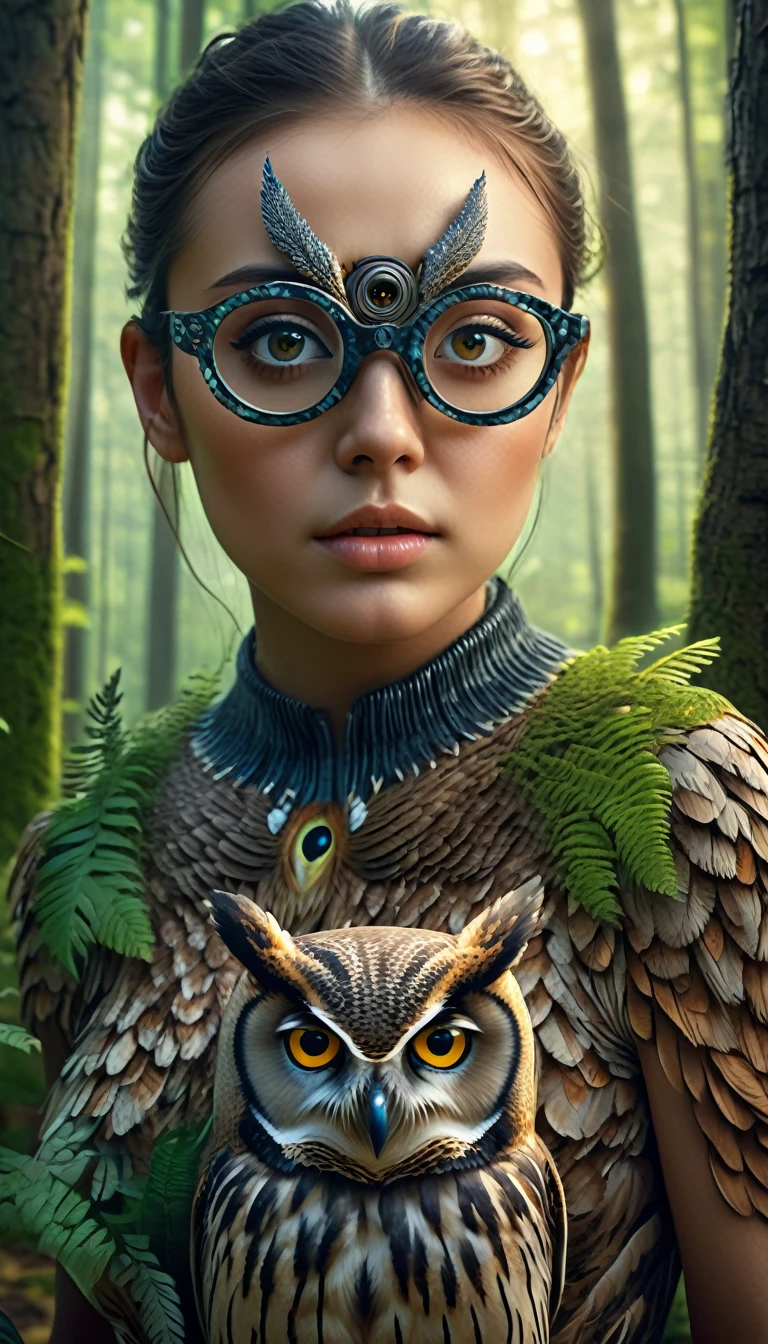a highly detailed and realistic 4k 8k illustration of a person with four eyes and an owl-like body in a forest, (best quality,4k,8k,highres,masterpiece:1.2),ultra-detailed,(realistic,photorealistic,photo-realistic:1.37),extremely detailed animal,complex patterns,realistic lighting