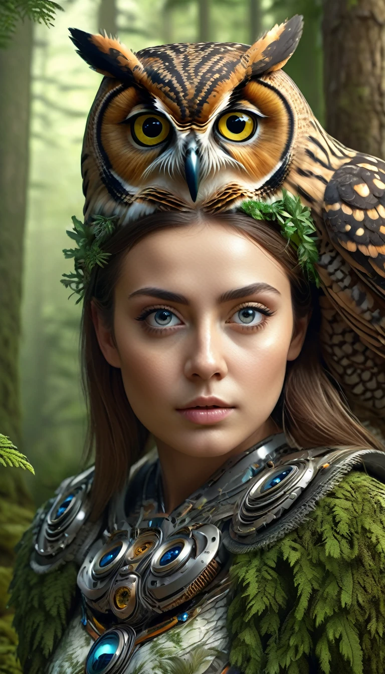 a highly detailed and realistic 4k 8k illustration of a person with four eyes and an owl-like body in a forest, (best quality,4k,8k,highres,masterpiece:1.2),ultra-detailed,(realistic,photorealistic,photo-realistic:1.37),extremely detailed animal,complex patterns,realistic lighting
