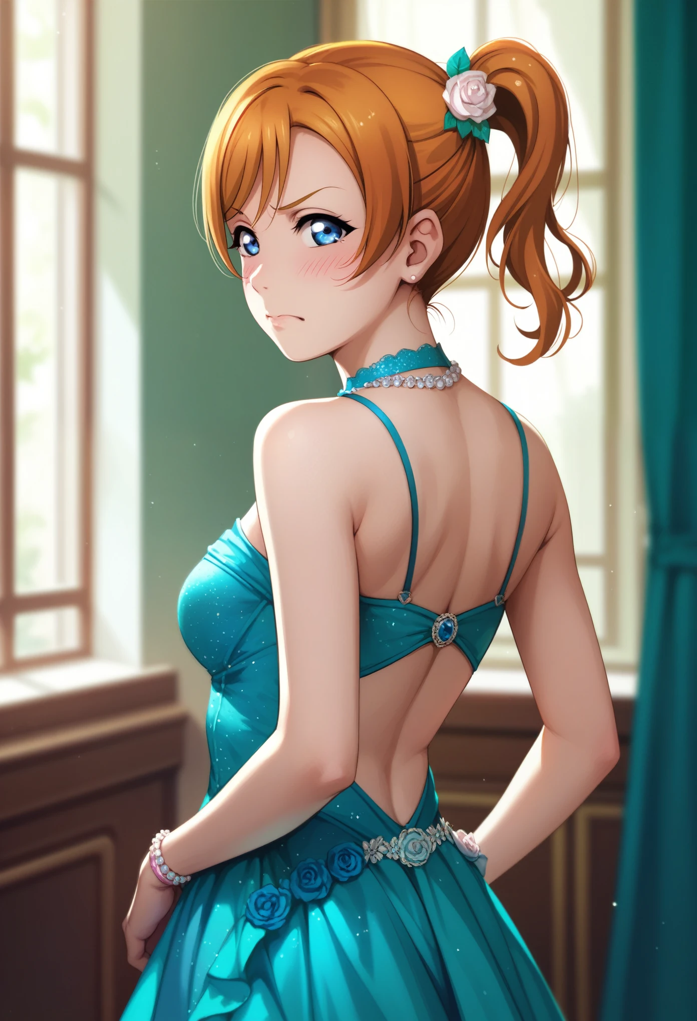 (Masterpiece, High quality), realistic anime style, love live,kousaka honoka love live, orange hair, blue eyes, illustration, beautiful, Blushing, breasts, solo, form fitting idol dress،standing,ass focus ,annoyed 