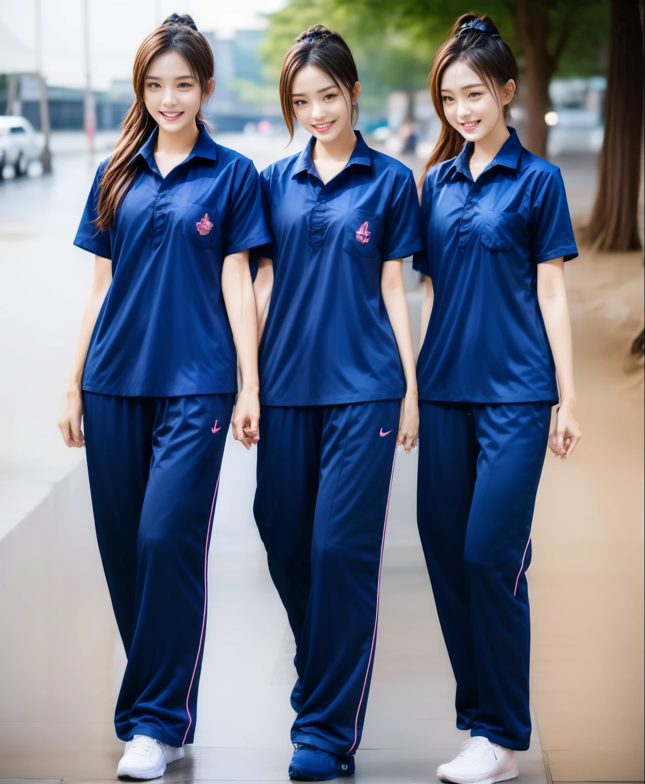 3 girls on beach, Navy blue short-sleeved shirt,Navy Long Trackpant,Sweatpants, Sweatpantsขายาว,25 year old girl, lesbian, sexy, exercise clothes, wet body, exercise clothes