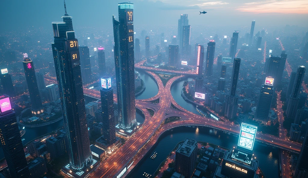 ((masterpiece, highest quality, best image quality, High resolution, realistic, RAW photo, 8k)), (Helicopter shot, Looking down on the sci-fi futuristic cyberpunk Ho Chi Minh city at daytime from above:1.3), "Landmark 81" Tower, "Bitexco" Tower, Sai Gon river, glowing futuristic hologram and LED advertising board