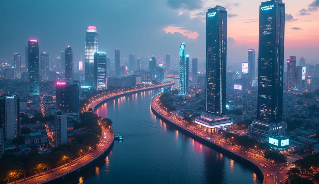 ((masterpiece, highest quality, best image quality, High resolution, realistic, RAW photo, 8k)), (Helicopter shot, Looking down on the sci-fi futuristic cyberpunk Ho Chi Minh city at daytime from above:1.3), "Landmark 81" Tower, "Bitexco" Tower, Sai Gon river, glowing futuristic hologram and LED advertising board