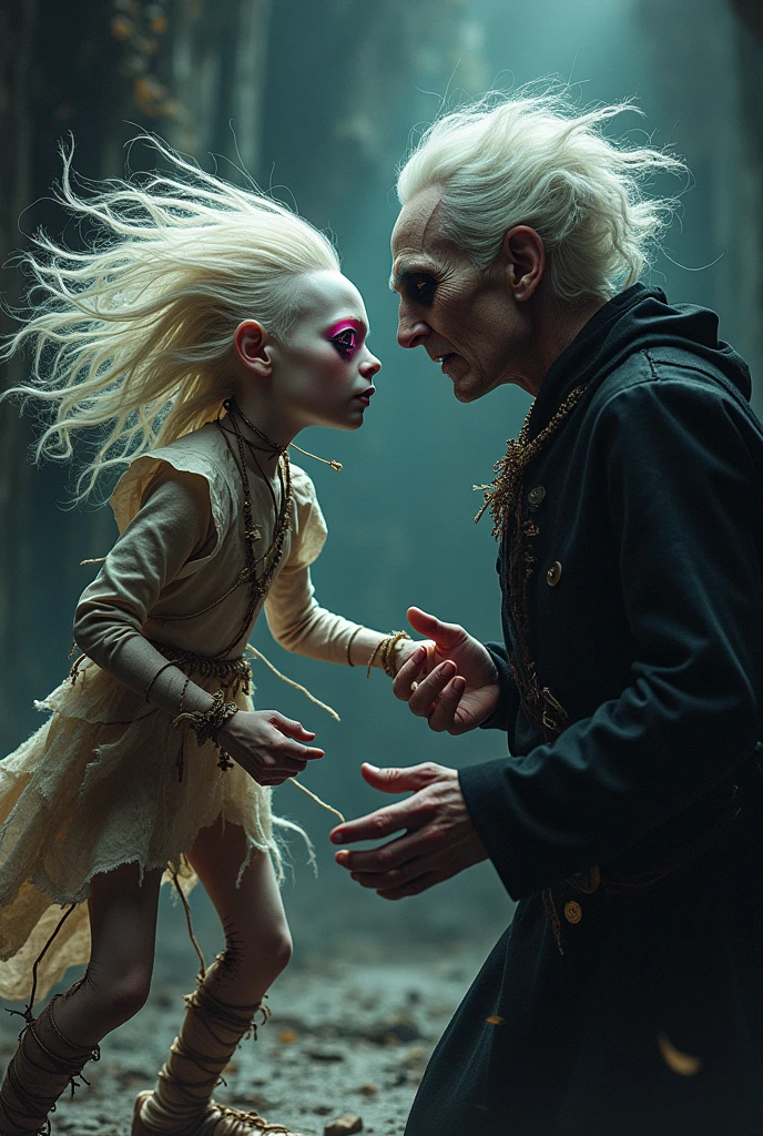 create an illustration of an 18 year old voodoo rag doll man with white hair, one pink eye, and one button eye fighting Vlad Tepes