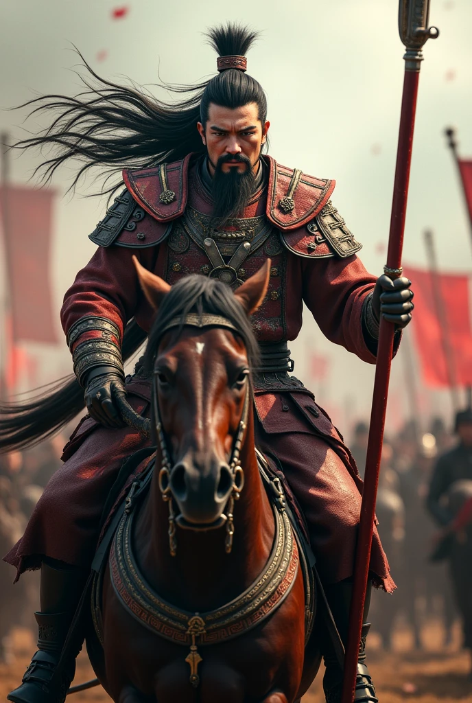 Photorealistic CG graphics,Movie Lenses,Describing the Three Kingdoms period,The Chinese war god Lü Bu rides a horse.,The clothes on the upper body are tattered and worn.,Long hair spread out,His face was covered in blood,Holding a spear in the left hand,Holding the reins with the right hand,Expression identification,Fighting in the crowd