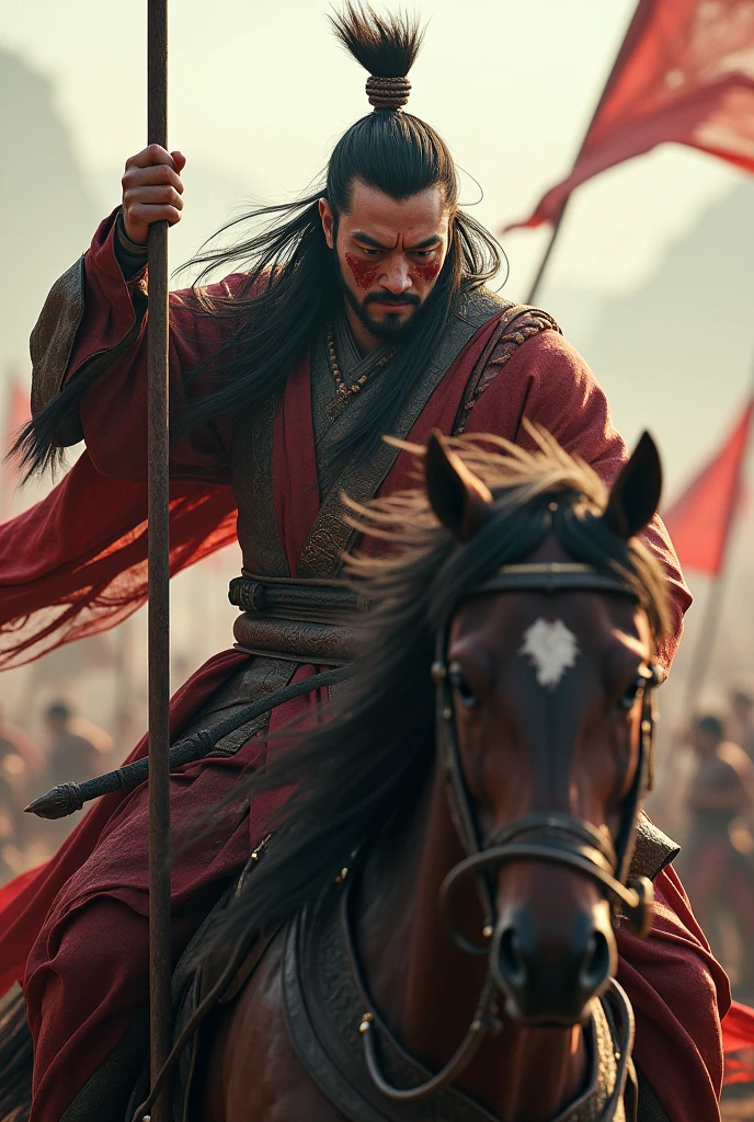 Photorealistic CG graphics,Movie Lenses,Describing the Three Kingdoms period,The Chinese war god Lü Bu rides a horse.,The clothes on the upper body are tattered and worn.,Long hair spread out,His face was covered in blood,Holding a spear in the left hand,Holding the reins with the right hand,Expression identification,Fighting in the crowd