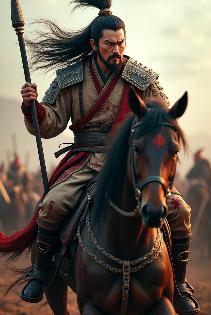 Photorealistic CG graphics,Movie Lenses,Describing the Three Kingdoms period,The Chinese war god Lü Bu rides a horse.,The clothes on the upper body are tattered and worn.,Long hair spread out,His face was covered in blood,Holding a spear in the left hand,Holding the reins with the right hand,Expression identification,Fighting in the crowd