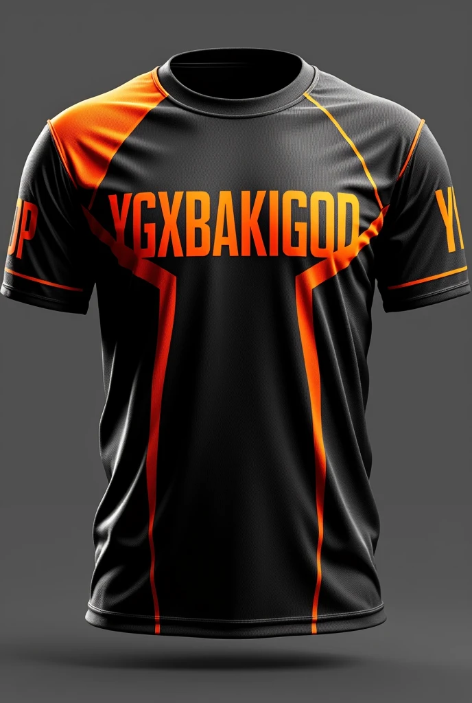 Create a jersey eSports players named YGXBAKIGOD in black and orange colour mixed front and back both side