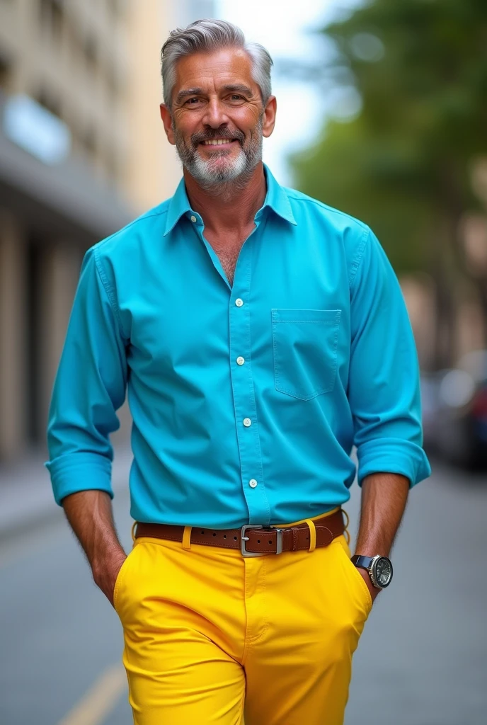 Man yellow trousers and blue shirt 
