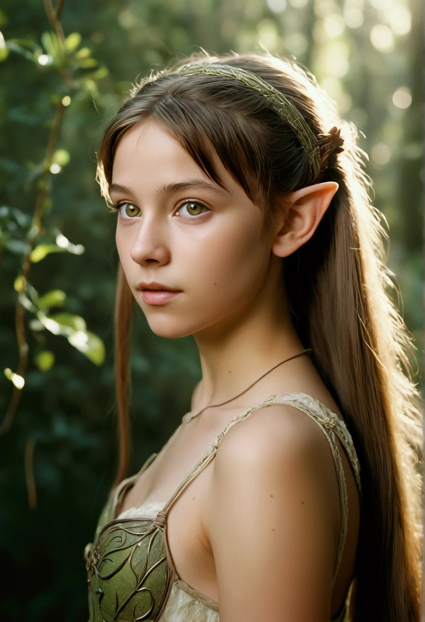 analog film photo, photo of a young elven girl, 18 years old, elf ears, amber eyes, brunette ponytail with shaggy bangs, sun-tanned complexion, olive skintone, slender hourglass figure, narrow waist, full hips, plump buttocks, wearing elven lingerie, resembles Mackenzie Foy, strolling through a fantasy landscape, RAW Photograph, dslr, soft lighting, high quality, film grain, Fujifilm XT3, detailed skin with visible pores, insane details, masterpiece, 8k, 35mm photograph, dslr, kodachrome, faded film, desaturated, grainy, vintage, Lomography, stained, highly detailed, found footage, close-up shot, elven ears
