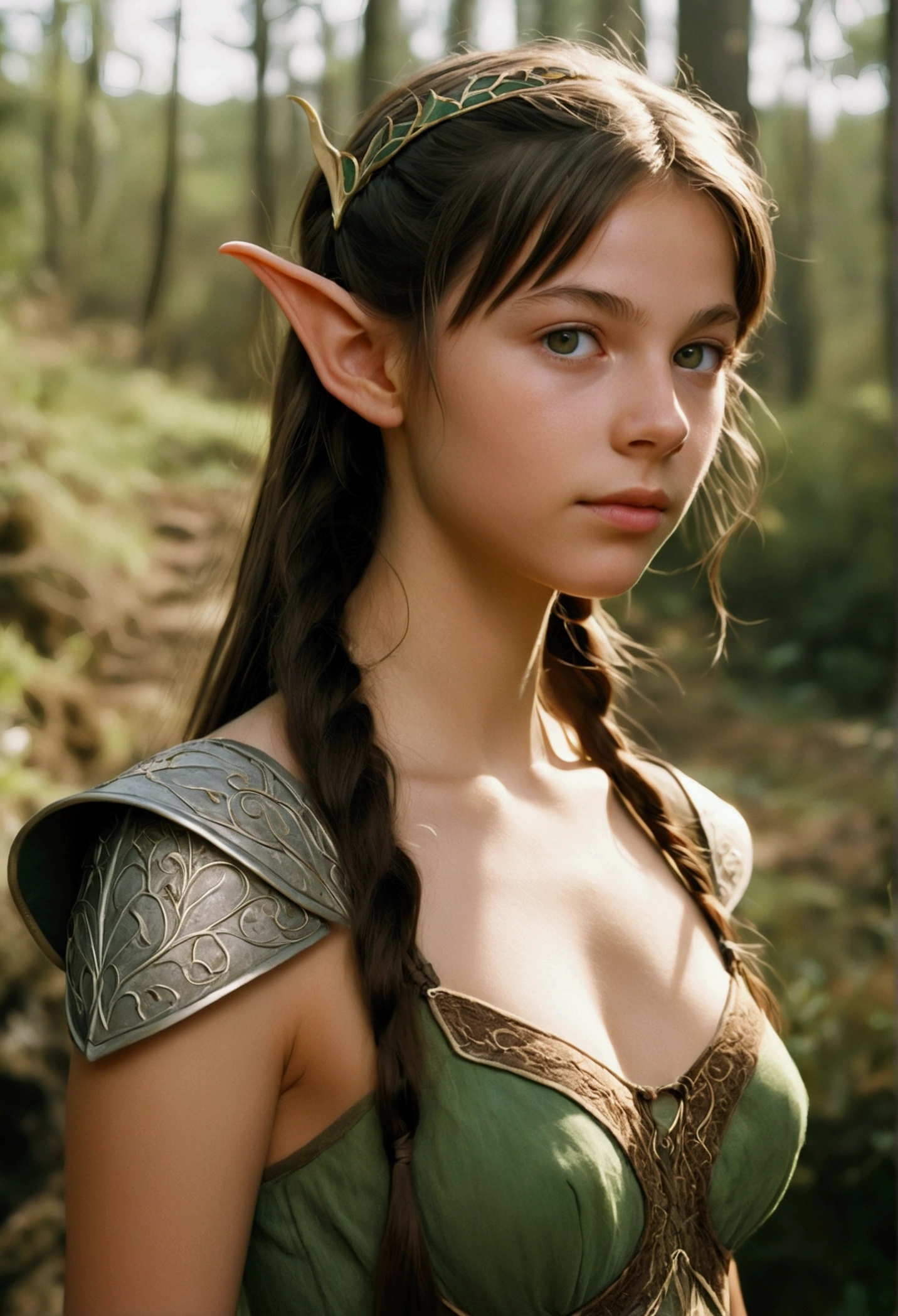 analog film photo, photo of a young elven girl, 18 years old, elf ears, amber eyes, brunette ponytail with shaggy bangs, sun-tanned complexion, olive skintone, slender hourglass figure, narrow waist, full hips, plump buttocks, wearing elven lingerie, resembles Mackenzie Foy, strolling through a fantasy landscape, RAW Photograph, dslr, soft lighting, high quality, film grain, Fujifilm XT3, detailed skin with visible pores, insane details, masterpiece, 8k, 35mm photograph, dslr, kodachrome, faded film, desaturated, grainy, vintage, Lomography, stained, highly detailed, found footage, close-up shot, elven ears
