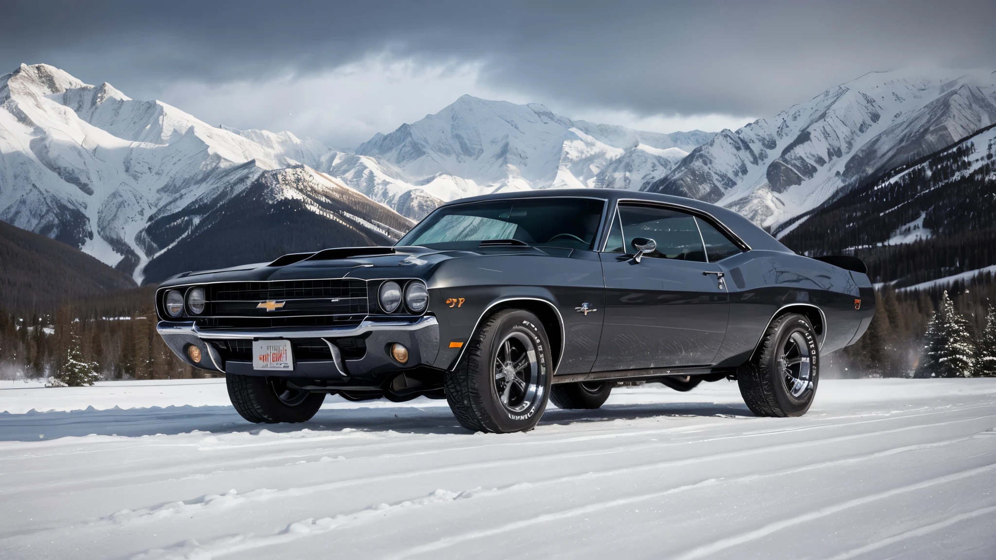 a muscle car, black, metal shine, in a snowy region, mountains, photography, HD, chevrolet