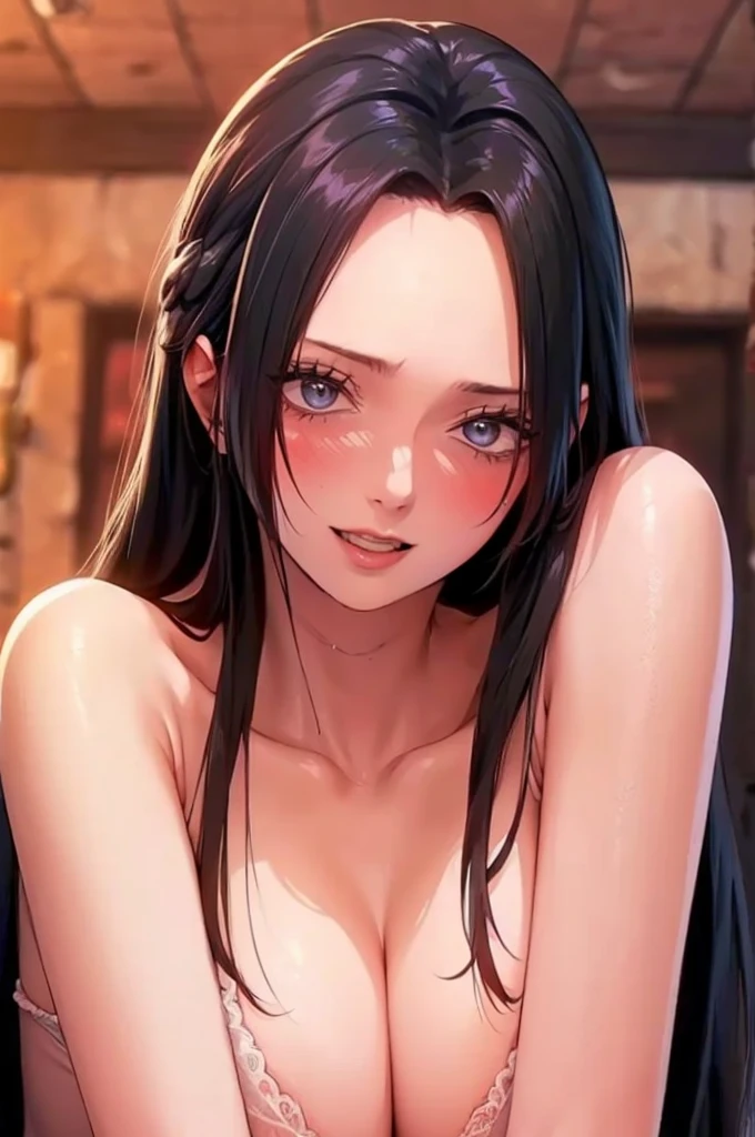 (((masterpiece))), (((best quality))), ((ultra-detailed)), (highly detailed CG illustration), Boa Hancock, (nsfw:1.4), (masterpiece:1.5), Detailed Photo, Smiling, Sexy, (Best Quality: 1.4), (1girl), Beautiful Face, (Black Hair, long Hair: 1.3), Beautiful Hairstyle, beautiful detail eyes, (realistic skin), beautiful skin, absurd, attractive, ultra high resolution, high definition, (sexually aroused:1.5), Pinkish white skin, cool white light, sexy pose, Beautiful, white background, pink soft white light, Wear a white tank top, (sharp focus), (realistic lighting), (soft shadows), (subtle blush on cheeks), (vibrant colors), (depth of field), (photo-realistic details), (intricate hair strands), (glossy lips), (elegant posture), (delicate skin texture), (detailed fabric texture), (highly expressive eyes)