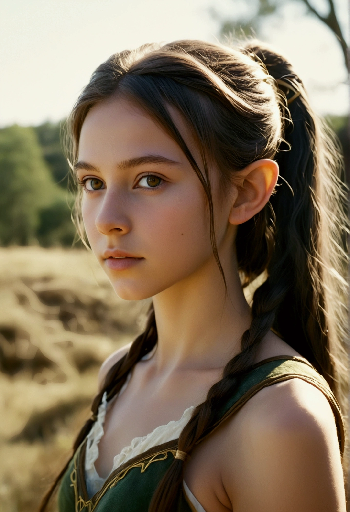 analog film photo, photo of a young elven girl, 18 years old, elf ears, amber eyes, brunette ponytail with shaggy bangs, sun-tanned complexion, olive skintone, slender hourglass figure, narrow waist, full hips, plump buttocks, wearing elven lingerie, resembles Mackenzie Foy, strolling through a fantasy landscape, RAW Photograph, dslr, soft lighting, high quality, film grain, Fujifilm XT3, detailed skin with visible pores, insane details, masterpiece, 8k, 35mm photograph, dslr, kodachrome, faded film, desaturated, grainy, vintage, Lomography, stained, highly detailed, found footage, close-up shot, elven ears