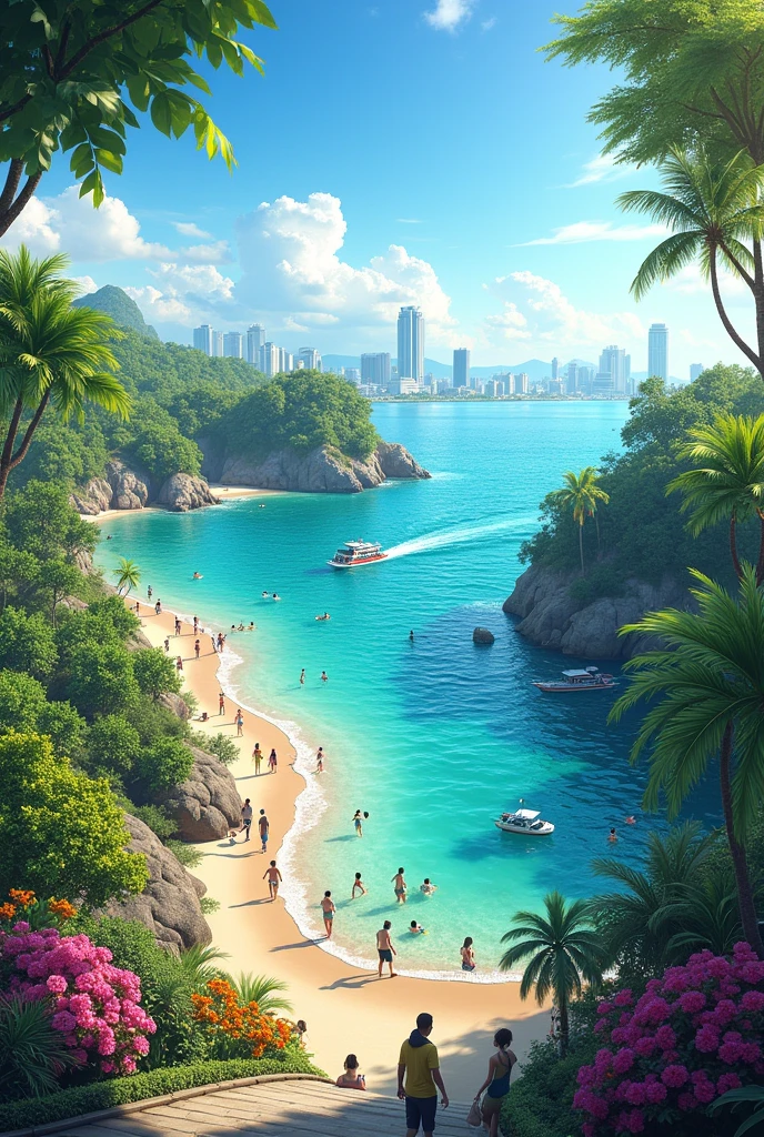 Create an image of Chonburi Province. It has Nong Nooch Tropical Garden, Jomtien Beach, hotels, roads, and people swimming.