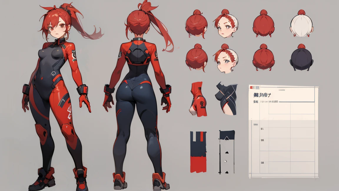 Pilot Suit、Red Ponytail(whole body,Character design sheet,front,return,~ ~ side),Erect nipples