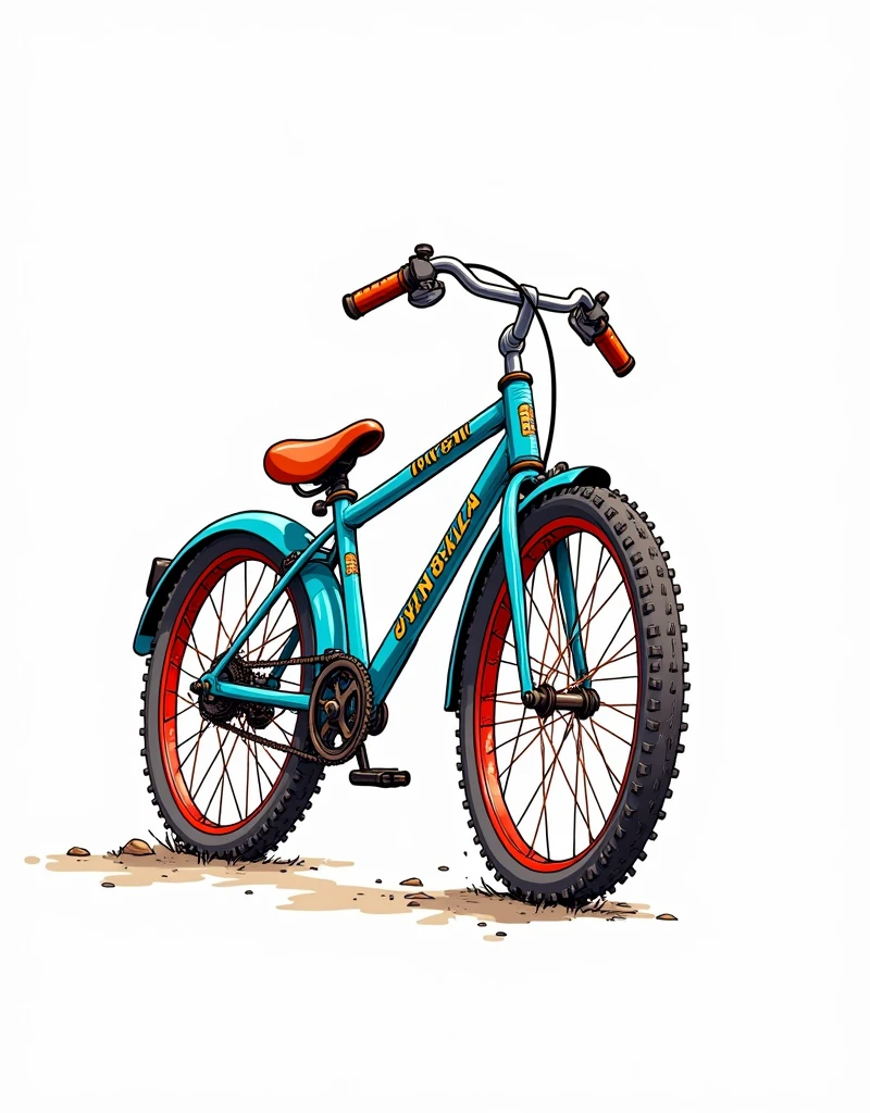 A colorful cartoon drawing of Bicycle, in the style of rough comic sketch, white background, flat colors, color markers