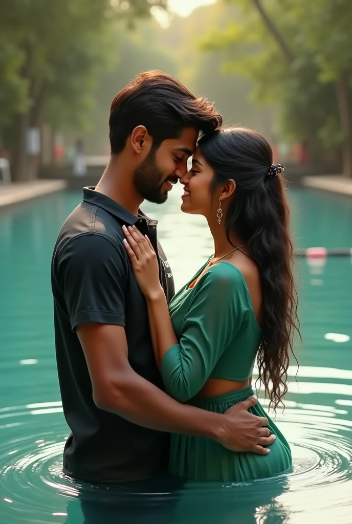 realistic indian 19 Year old cute boy lifting body and 15 year beutifull girl smile in chest to chest in Water with boy wearing black shirt on the river with sunday an water and a on girl wearing green lehenga with swimming pool background , in shirt written name “Raghav features, loveng mood, realistic