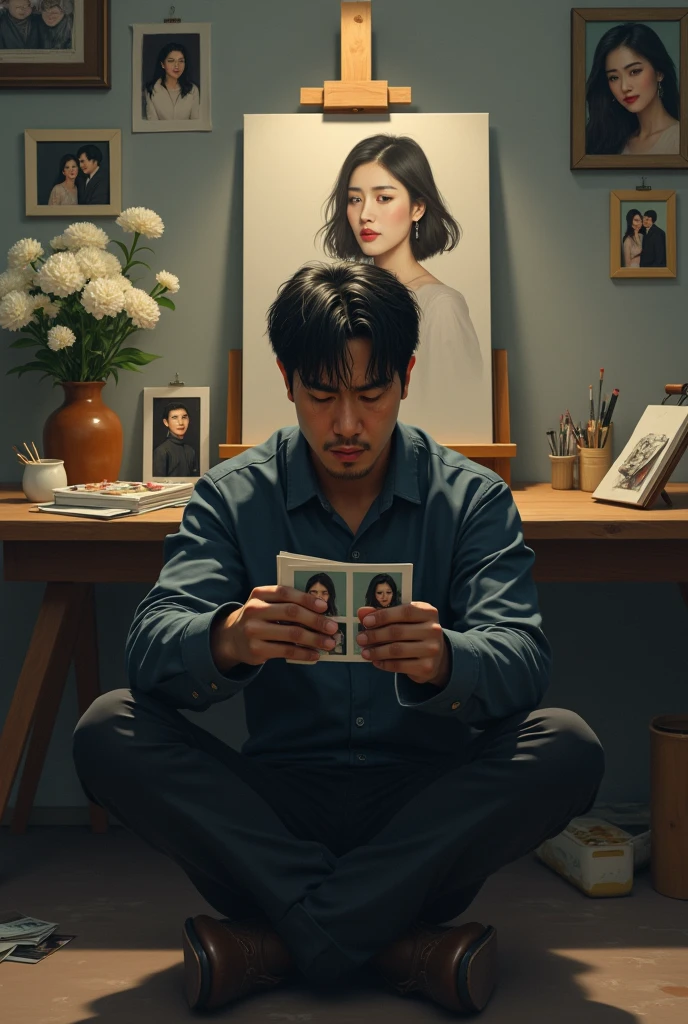 Photorealism. A man sit and craying in black with photos in his hand. Behind him is easle and unfinished painting of woman. And there is wall full of painting and photos of girl and both of them. There a long table behind the easel with dry pallet on it. And a flowers of white chrysanthemum also on table and some art things mess on table too. We can see his face full of tears. His face handsome like korean idol but mess because crying. His poses little bit to side and tittle bit bend down. His elbows on his thighs
