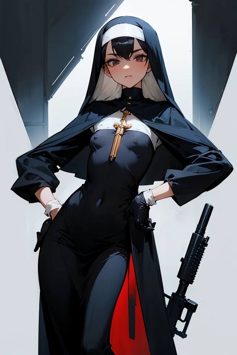 Black-haired, Small chest, expensive, A skinny nun wearing gloves holding a gun.Erect nipples,