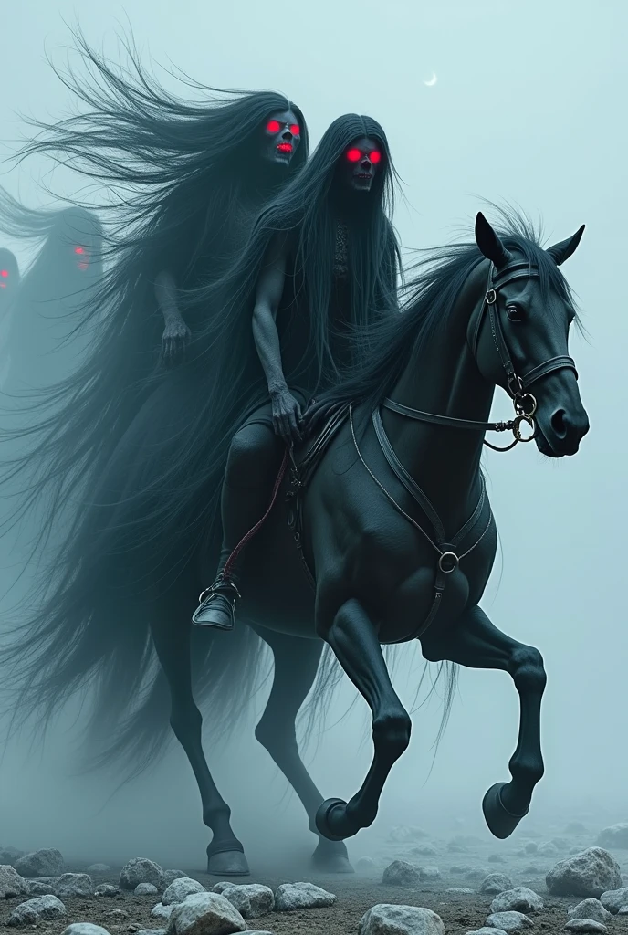 make 13 frozen men with red eyes, and long black hair riding a horse