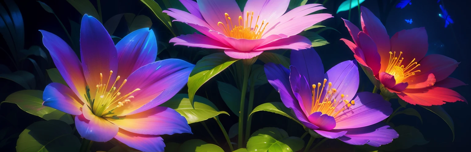 High-quality graphics,HD,fantasy jungle,Colorful flowers,Large flowers,Luminescence,firefly