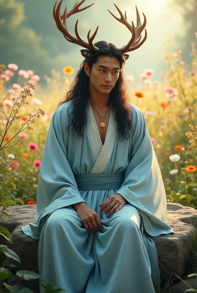 photorealism: beautiful man with an antler crown, sitting on a rock, wearing loose pearly light blue Hanfu, long curly black hair , in a flowery field, soft lighting, plants in background, with sunlight, cozy atmosphere, relaxed pose, realistic, intricate details, warm colors,