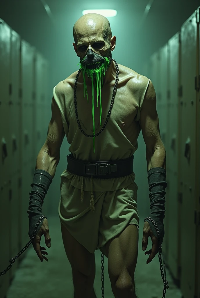 Fantasy images of a mutated person in a nuclear plant, trained and muzzled with a straitjacket and chained, spilling green liquid from their mouth, tied from the skull and very muscular. 

