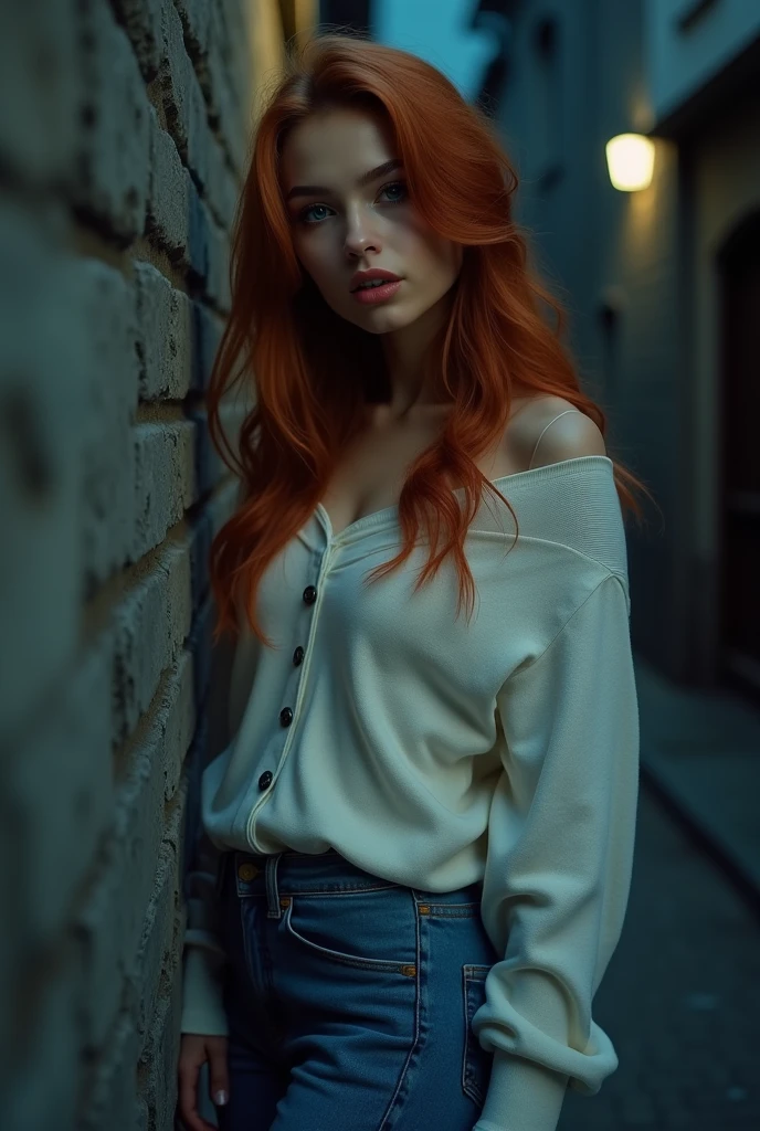 (((HD photo))), ultra high res.photorealistic:. 1.4, UHD, masterpiece, trending on art station, full body shot, 1girl, pretty, cute face, ((detailed face, detailed eyes, beautiful in the world, soft, delicate, (long red hair), large sagging breasts, slim waist, (wearing buttoned sweater, blue jeans:1.2), hires textures, intricate details), sunkissed, alley at night, dark alley, midnight, alone, scared, white loose sweater, buttoned sweater,(( very dark )), back on the wall, shocked