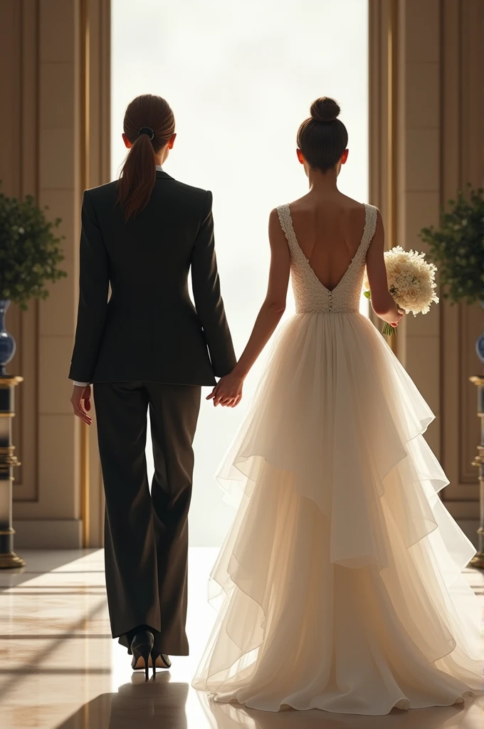 There are 2 women. One of them is wearing a black suit. The other woman is wearing a fluffy white wedding dress. They pass into the large hall. The first woman tied her hair up
