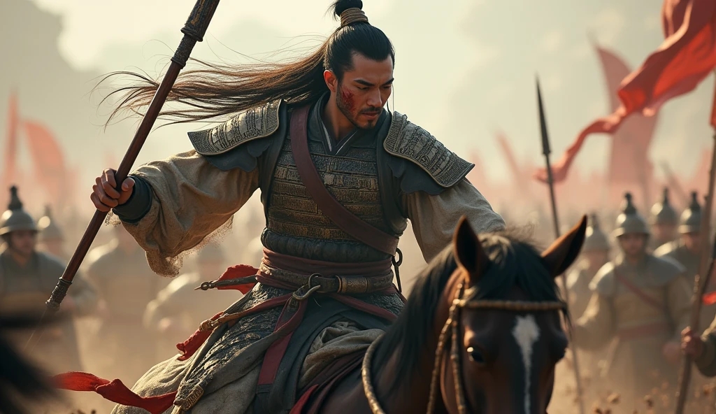 Photorealistic CG graphics,Movie Lenses,Describing the Three Kingdoms period,The Chinese war god Lü Bu rides a horse.,The clothes on the upper body are tattered and worn.,Long hair spread out,His face was covered in blood,Holding a spear in the left hand,Holding the reins with the right hand,Expression identification,Fighting in the crowd