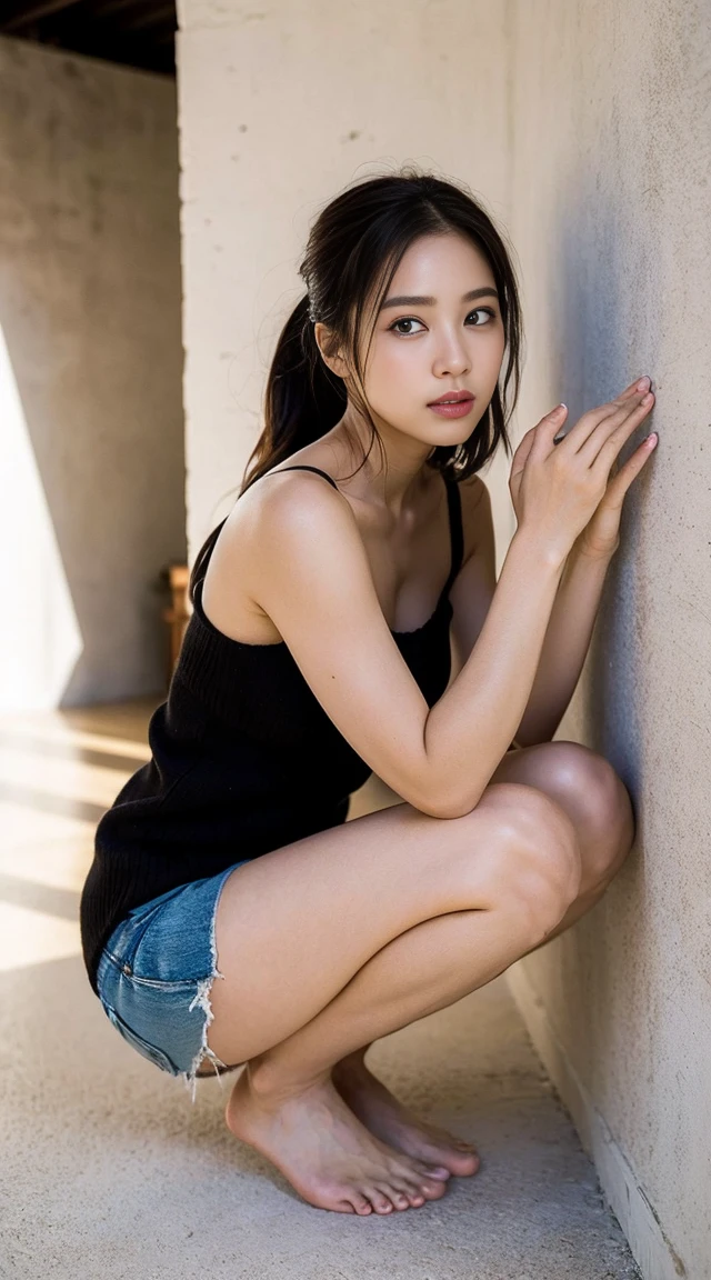 Dark brown hair、Light brown eyes、Japanese actress、 Lady、I am about 40 years old......、(Intricate details:1.2)、 (Ultra-high resolution:1.2)、Ultra-high resolution、(Fine-tune)、(Detailed facial features)、Hmph、8k resolution、D cup size breasts、Long Hair、Bright terrace room with sunlight streaming in、Large windows、Extravagant space、relax、、,Full body photo、Head to toe shot、Beautiful legs、black Off-the-shoulder T-shirt、Shorts、Beautiful legs、Bright terrace room with sunlight streaming in、she, household items, (plant:0.8), Fashion Hub, Very detailed, Very detailed, Realistic, Hourglass Shaped Body, Obscene pose,、Messy Hair、Messy ponytail、Leaning against a wall、I cry a lot、tears、Skin is visible through the knit、White floor、White wall、A masterpiece of transparent painting、