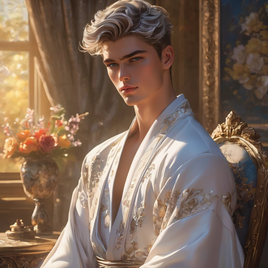 In this breathtaking artwork, miniature doll-sized male models, inspired by the iconic supermodels Sean O’Pry and Lucky Blue Smith, take center stage in a vibrant scene reminiscent of a Ken doll fantasy. With jointed doll features and porcelain-like skin, these charming figures boast an irresistible blend of sophistication and natural beauty.
Sporting short silver-gray undercut hairstyles, Standing adorned in a white top t-shirt with sweatpants with semi bulge, an embroidery-detailed kimono robe, he exudes sophistication and elegance against the backdrop of a luxury bedroom. The room is adorned with 1915 Oriental theme, surrounded by luxury exotic furniture, velvet drape curtains, and colorful wildflowers, creating a vibrant and enchanting atmosphere. The robe is open up, revealing his toned chest and abs.
Captured from a dynamic angle, over shoulder look photo showcases the models amidst the meticulously arranged Employing three-point lighting and incorporating 3D animation shadows, the photographer enhances the models' features, resulting in an image of unparalleled realism and detail.
using a Canon EOS R6 and Sigma AF 24mm F1.4 EX DG HSM lens by Thomas Synnamon, the focus of the photo is on his captivating presence and the intricate details of the surroundings, Utilize natural soft lighting, casting gentle highlights and shadows that accentuate the contours of his face and body, The light creates a warm intimate atmosphere with a soft golden tone that enhances his skin,
With its dramatic composition and seductive lighting, this masterpiece invites viewers to immerse themselves in a world of charm and sophistication. It celebrates the beauty of the male form while capturing the essence of a fun-filled day, where joy and relaxation abound.