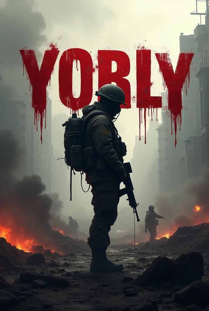 Make me a background where there is a war, the background should be similar to that of the call of duty game, And it should have this name Yorly, the letters should be in blood, the image, the letters that are more related to the background, and put a man, the letters that are more related to the environment, the letters that are more related.