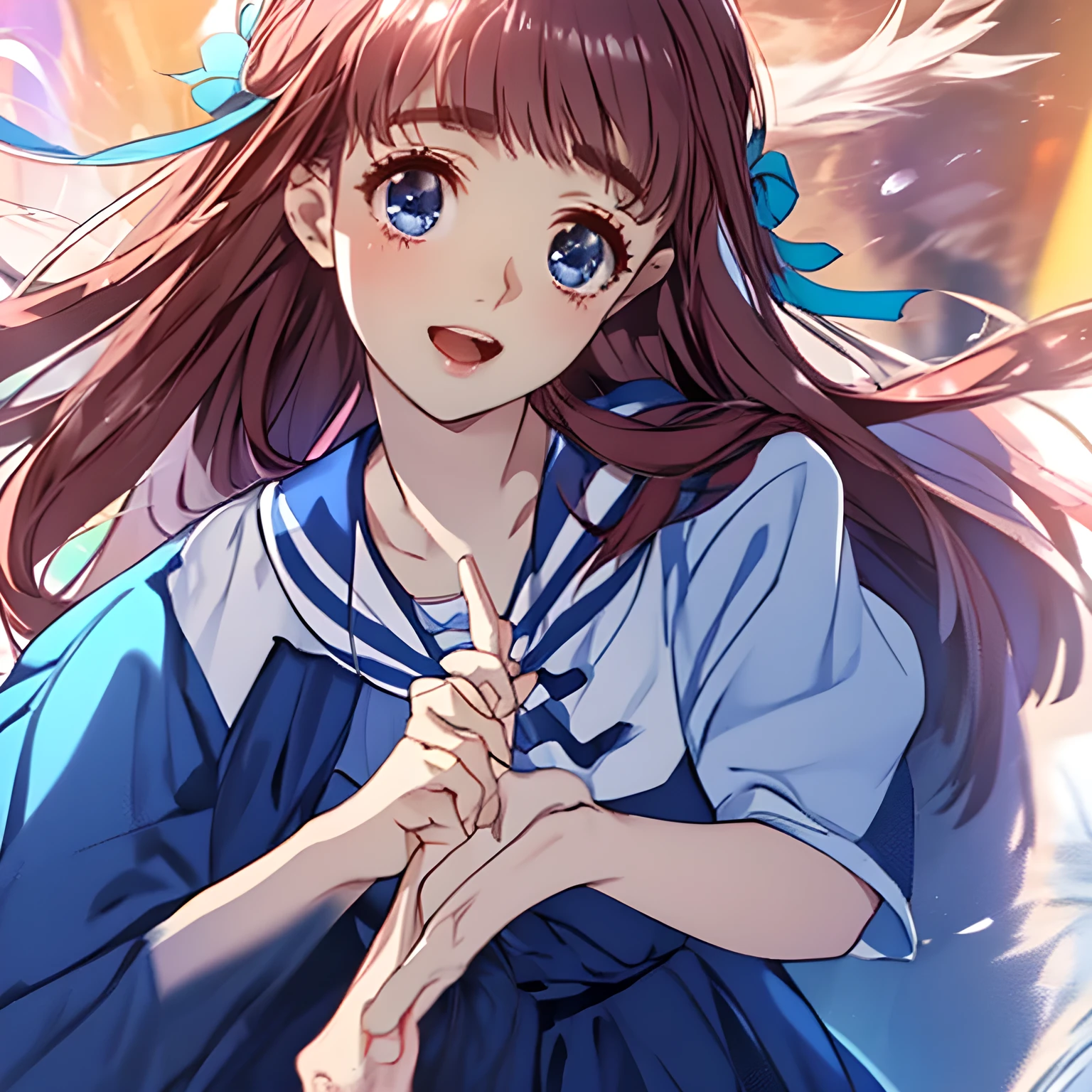 (masterpiece, Highest quality: 1.2), (Very beautiful fantasy digital artwork: 1.0), (A cutely smiling **** daughter of Venus: 0.3), (A smiling cute noble graceful face,  wearing a sailor uniform, Glossy lips, Beautiful white hands and feet: 1.0), (Beautiful glossy light-red super long hair, Evenly trimmed bangs), (Navy blue sailor dress, Navy blue collar of sailor suit, dark blue jacket, Dark blue sleeves, A long, navy blue pleated skirt, crimson scarf, Dark brown loafers:1.2), (Large cute blue laughing eyes as beautiful as Venus with cutely detailed: 1.6), (She Looking at me and laughing at me: 1.3), (The background is a swirling mass of very girly ribbons, girly skirts, and flowers in shining Venus harem: 1.2)