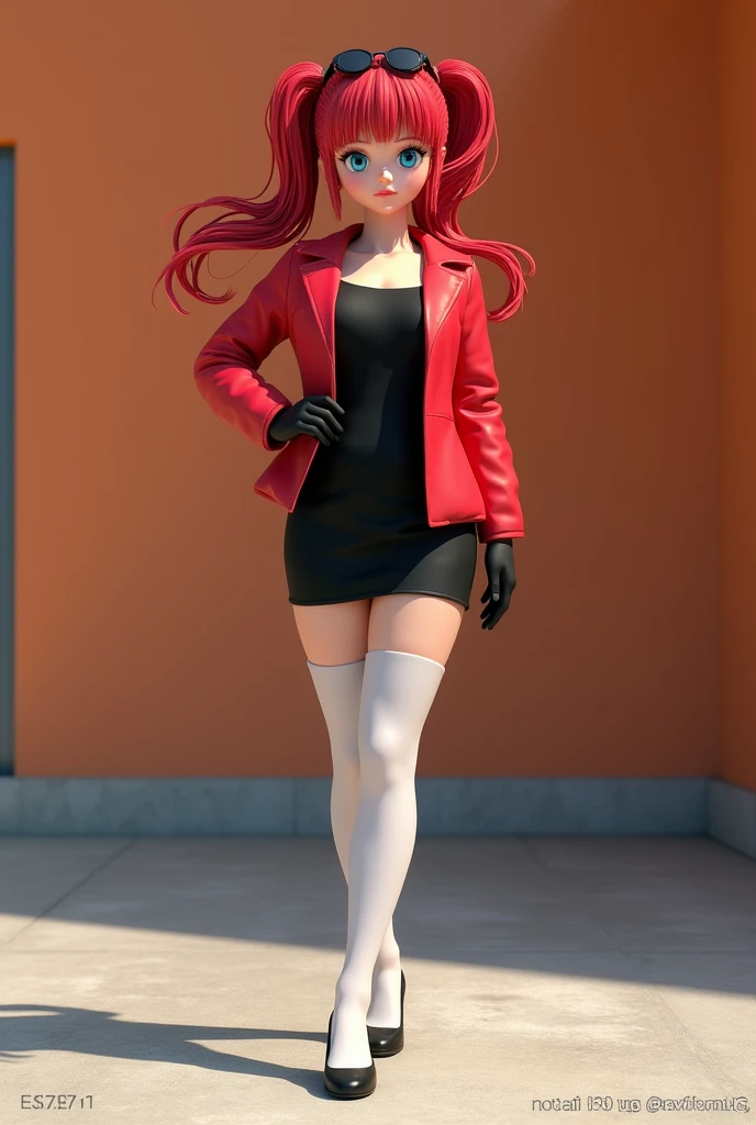 anime style, A highly detailed and realistic 3D model of a young woman standing confidently in front of an orange wall. She has red hair styled in two ponytails and blue eyes.. She wears a red jacket over a black dress., black gloves, and white socks up to the thighs. She has a pair of sunglasses resting on her head.. The model should include subtle movements in her hair and the fabric of her jacket., As if a gentle breeze were passing by. The scene takes place on a concrete surface with shadows cast on the ground., providing a realistic urban environment. The background should be simple and interior with neutral colors.. The model should be photorealistic and highly detailed., showing the character's elegant and modern look. Make sure the model captures her confident stance and natural proportions., with special attention to the detailed outfit and accessories, full body, model sheet, character design sheet,