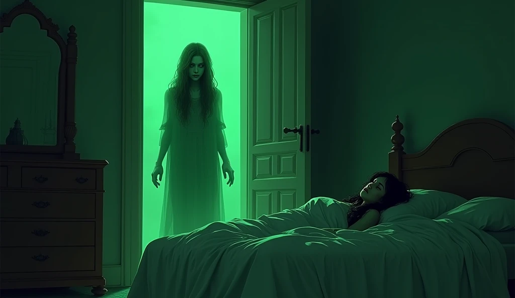 4. A green, ghostly shadow stands menacingly at the doorway of Kittu's bedroom, watching over Sunaina as she lies next to her sleeping daughter. Kittu's face shows a subtle, sinister smile while Sunaina is unaware.
