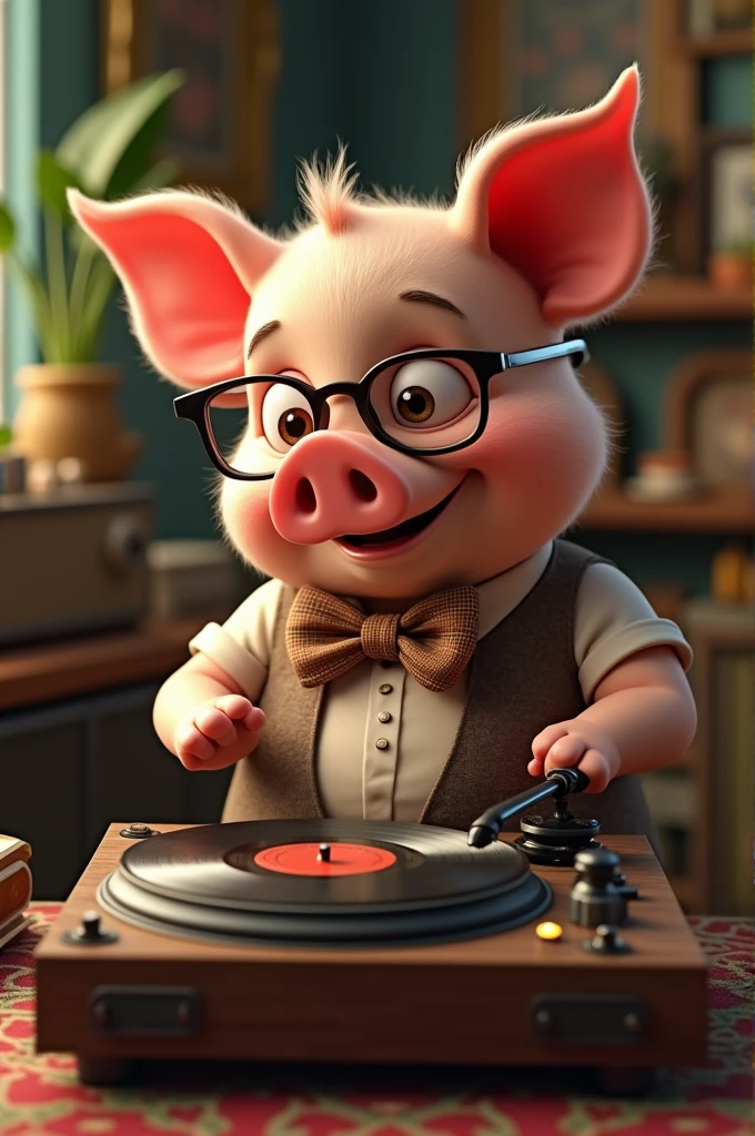 A pig with a turntable playing