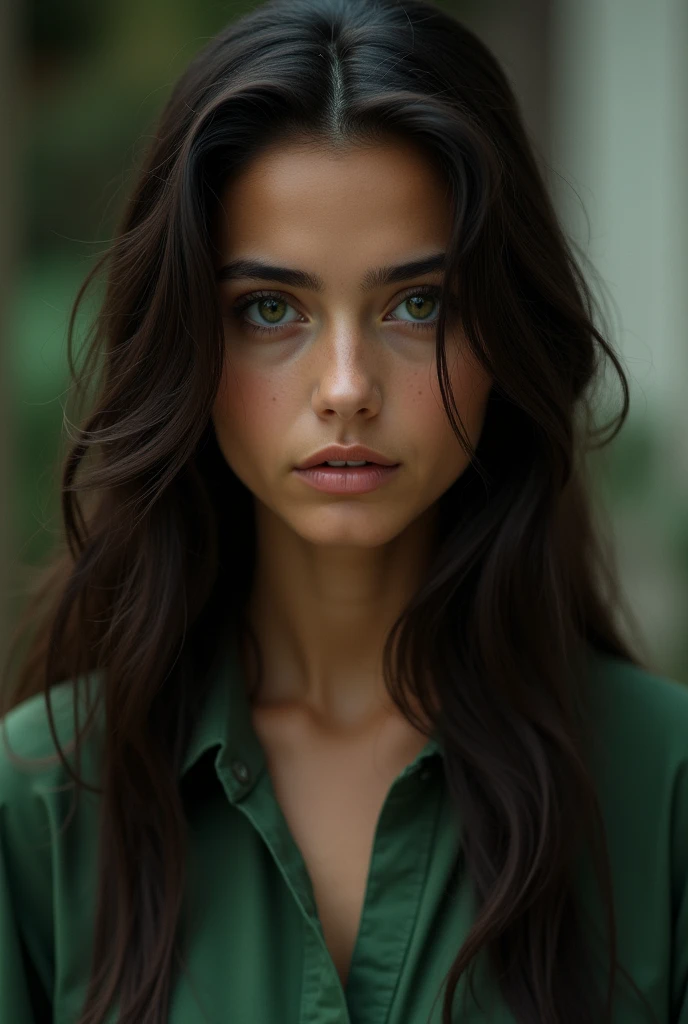 25 year old girl, Her long hair is dark brown and her eyes are green, Her skin is brown, wide square face, His expression is serious and cold, His clothes are in shades of green and brown. front view