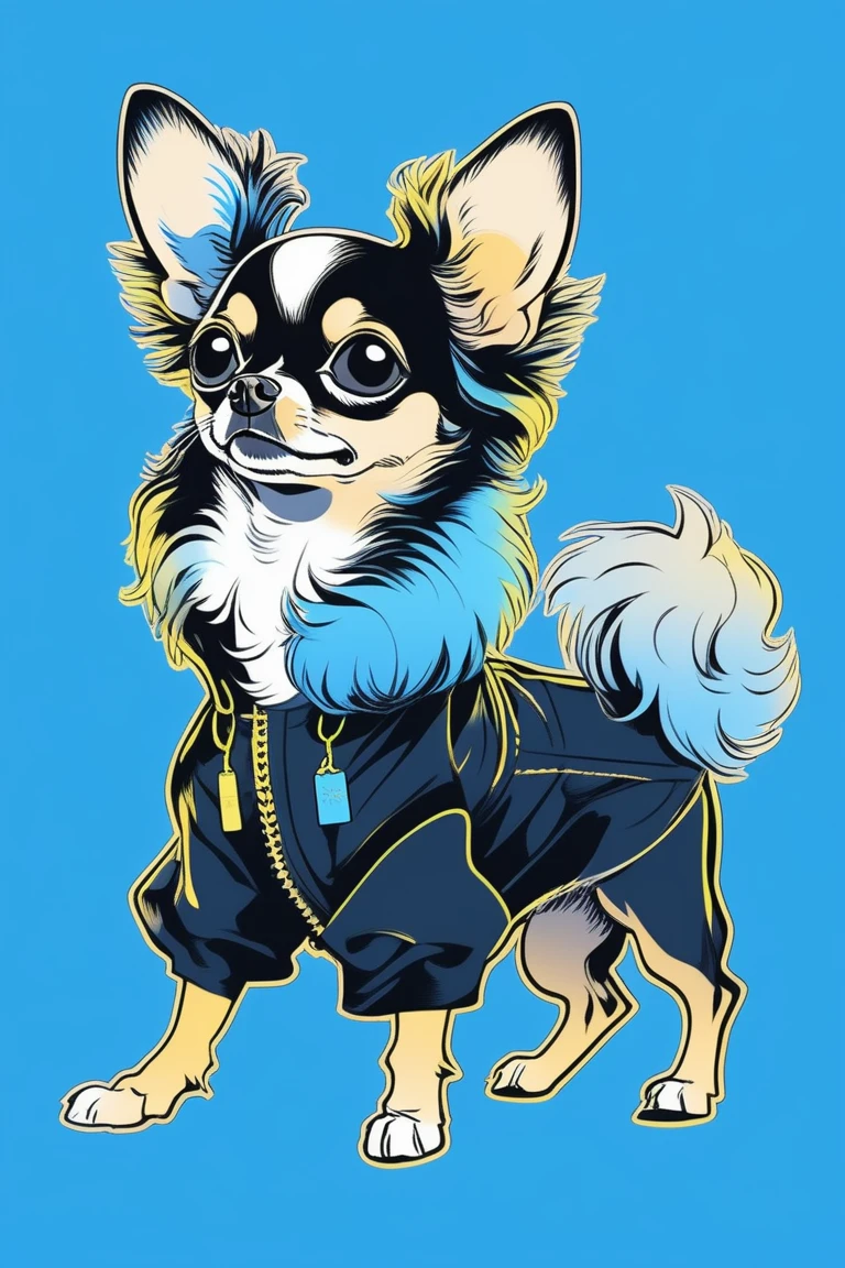 Illustrator, anime , Realistic ,sketch , 1 person, Hair style is a Spanish curl with golden highlights.,male,  Black and white Chihuahua,whole body, order, Blue gradient background, Neon Long Hair,Texture Trim, (masterpiece,Highest quality) 
