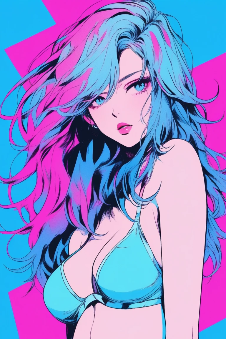 Illustrator, anime , Realistic ,sketch , 1 person, Supermodel, lip, Skimpy bikini, order, Blue gradient background, Neon colored messy medium length hair, Are standing, Sexy pose, Texture Trim, Canadian, (masterpiece,Highest quality) cancer