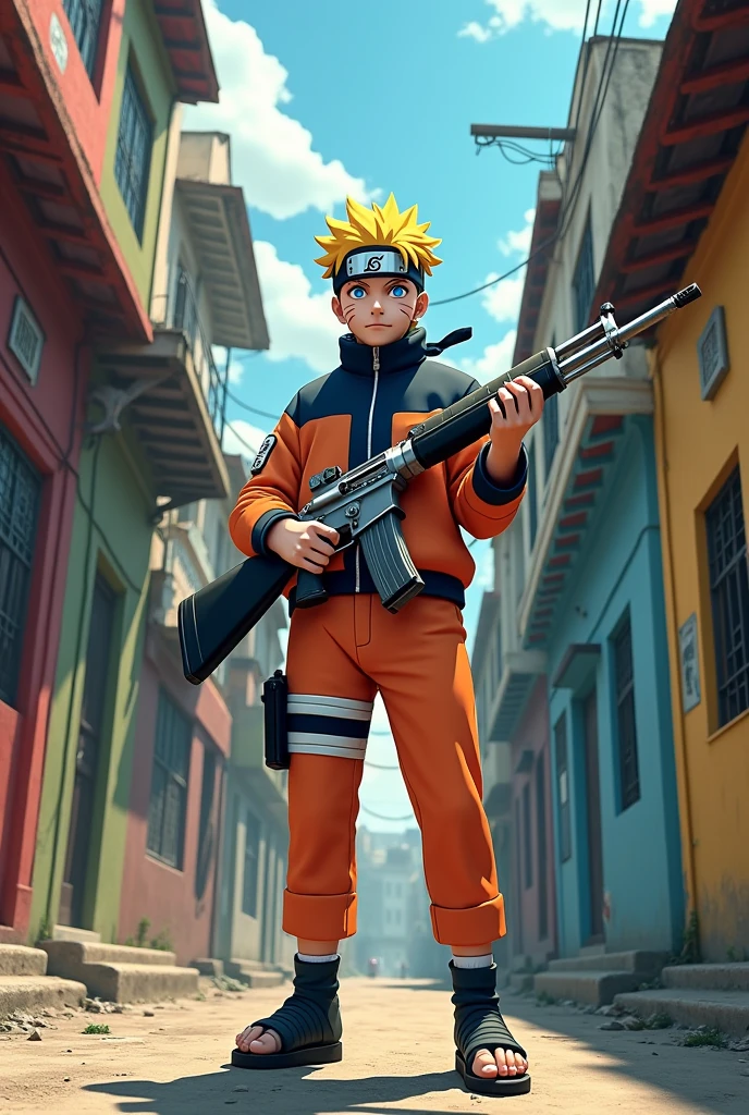 Naruto with a rifle in the favela with a pistol on his waist