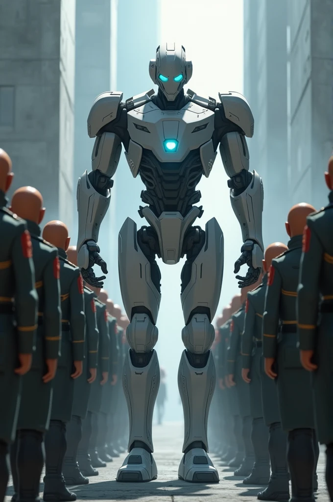 A robot facing an army of bald guards, an animated image