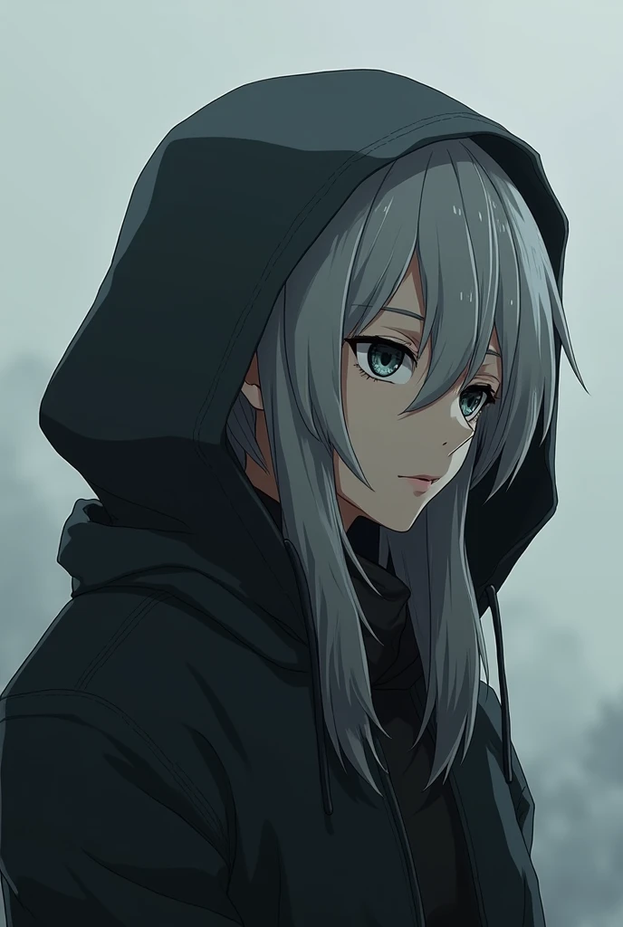 Long gray hair,Black eyes,World-weary face,Anime girls,Wearing a black hooded thick jacket,Body facing left,Head towards the left front