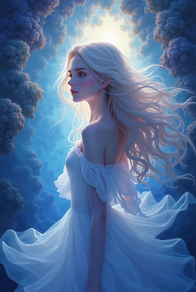 (masterpiece, top quality, best quality, official art, beautiful and aesthetic:1.2), (1girl), extremely detailed, (fractal art:1.3), colorful, highest detailed, oil painting, vibrant colors, realistic lighting, mesmerizing patterns, intricate brushwork, smooth textures, ethereal atmosphere, dreamlike setting, delicate features, flowing hair, captivating expression, subtle shades of blue and purple, graceful pose, glowing background, enchanting beauty, depth and dimension, striking composition, rich visual storytelling, intricate details reflecting the beauty of nature, endless complexity, intricate patterns, harmonious color palette, otherworldly charm, eye-catching and visually stunning, fine art techniques, masterful craftsmanship, a celebration of imagination and creativity, a feast for the eyes.