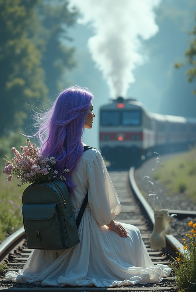 A surreal image of a woman with purple hair is sitting with her back to us. She has fresh flowers in her backpack, with wispy ethereal smoke and delicate tendrils curling at the edges in a vase in the background. The woman is wearing a flowing gown and her hair is blowing in the wind. A train is approaching in the distance, but the woman seems oblivious to its presence. The scene is cinematic, captured with a Sony A7 camera, 50mm lens, 4k resolution, low angle view, and realistic photography.
