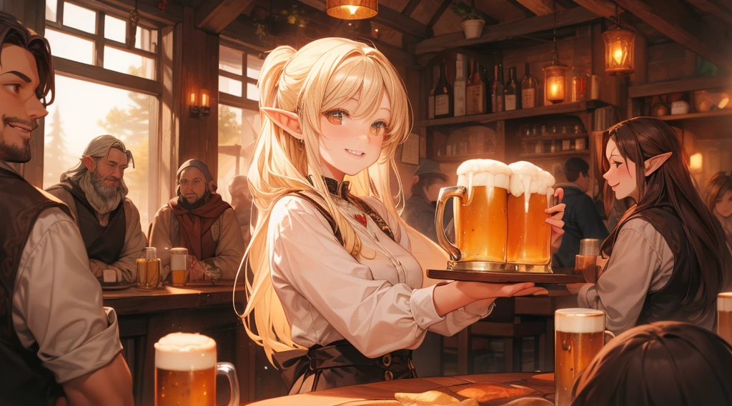 An illustrated scene set in a lively fantasy tavern at twilight. The focus is on a cheerful elf waitress, a young woman with long flowing hair and pointed ears, wearing a traditional tavern outfit. She is smiling warmly as she carries a large tray of mugs filled with beer, distributing them to a diverse group of patrons gathered around a round wooden table. The background shows a bustling tavern filled with various races, including humans, dwarves, and elves, all engaged in lively conversation. The setting is cozy, with a warm glow from lanterns and a large hearth, casting a soft, inviting light. The overall mood is vibrant yet warm, with a mix of soft browns, golds, and oranges to reflect the twilight hour.